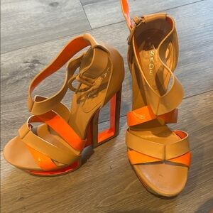 Casadei Orange Patent Leather Ankle Strap Tan Heels 7 1/2
